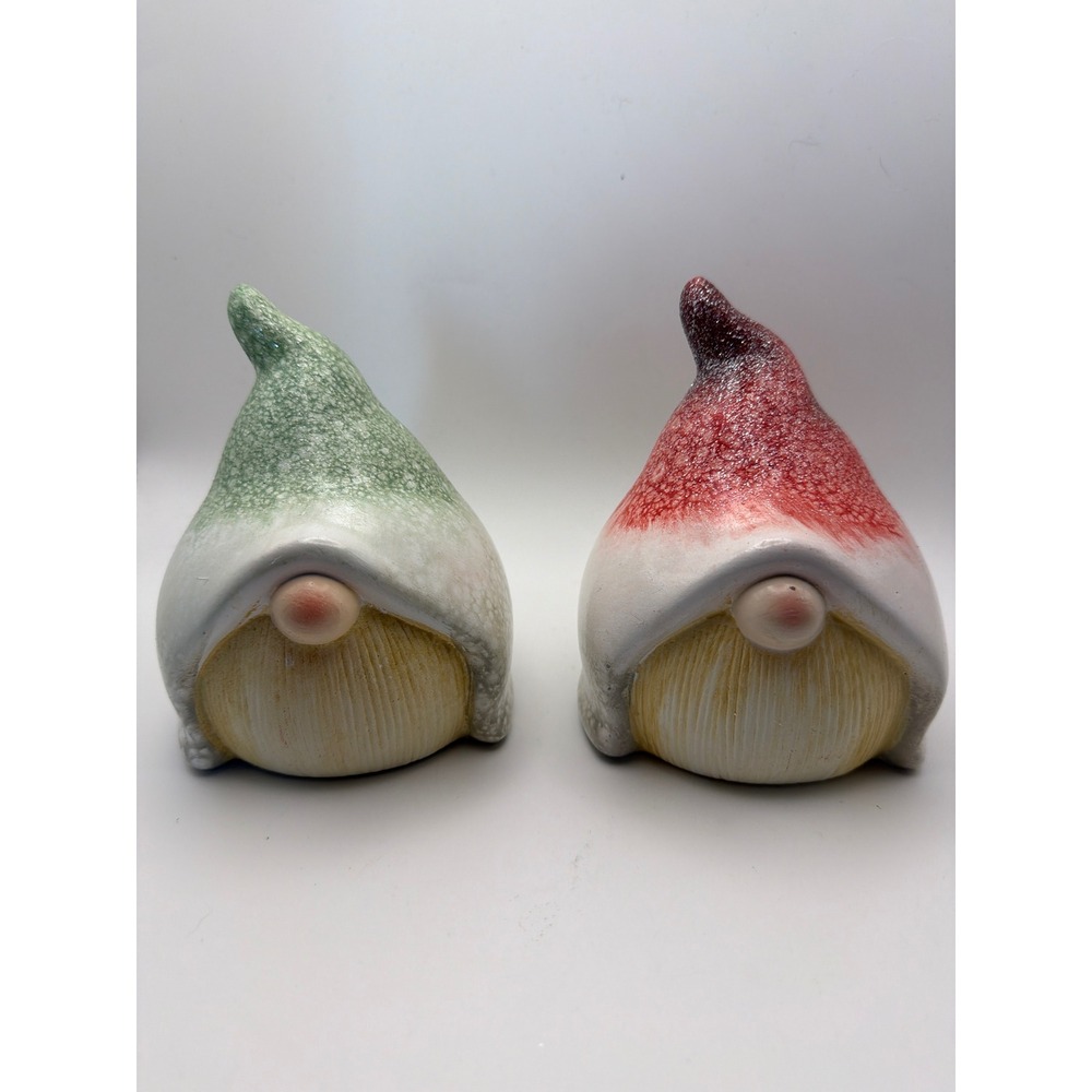 Set of 2 Ceramic Glitter Garden Gnomes Green and Red Holiday Decor Figurines